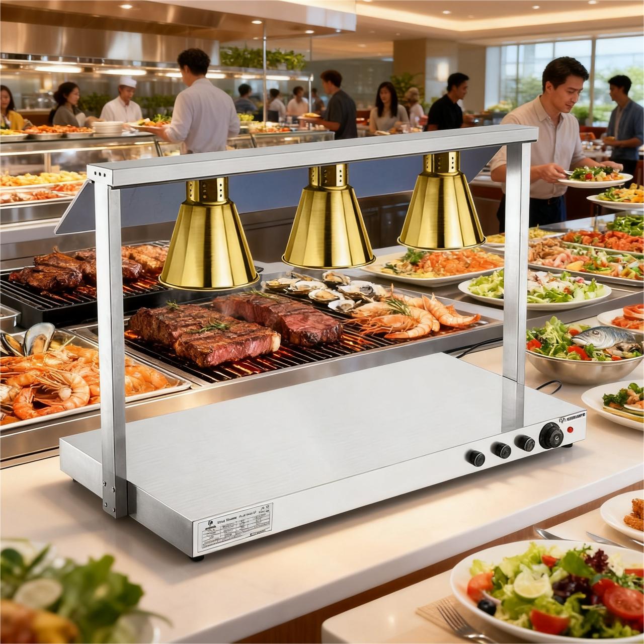 Warmhalteplatte Edelstahl - 1,5 kW - mit 3 Infrarot-Wärmelampen - Gold