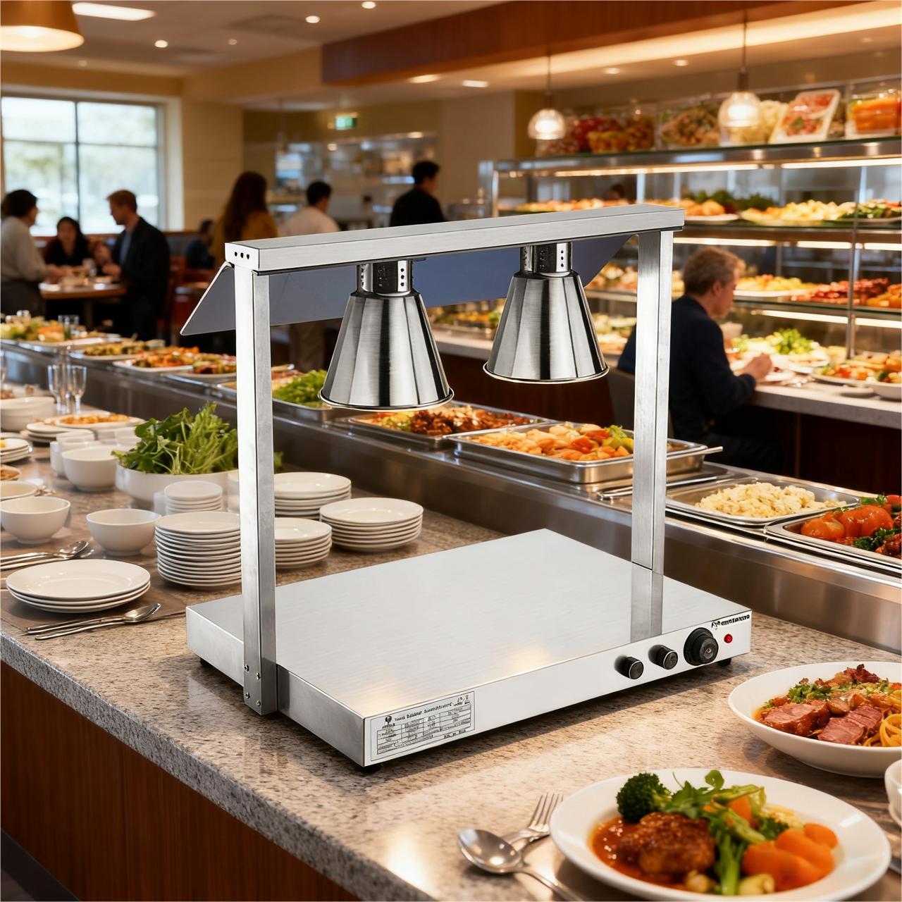 Warmhalteplatte Edelstahl - 1 kW - mit 2 Infrarot-Wärmelampen - Silver